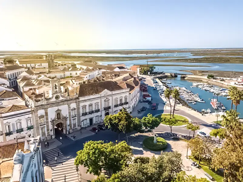 Faro, Algarve: aerial view of the marina and Ria Formosa channels