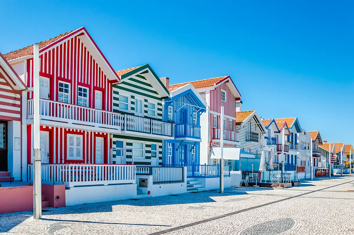 Costa Nova striped houses nearby the coastal city of Aveiro and one of its main attractions.