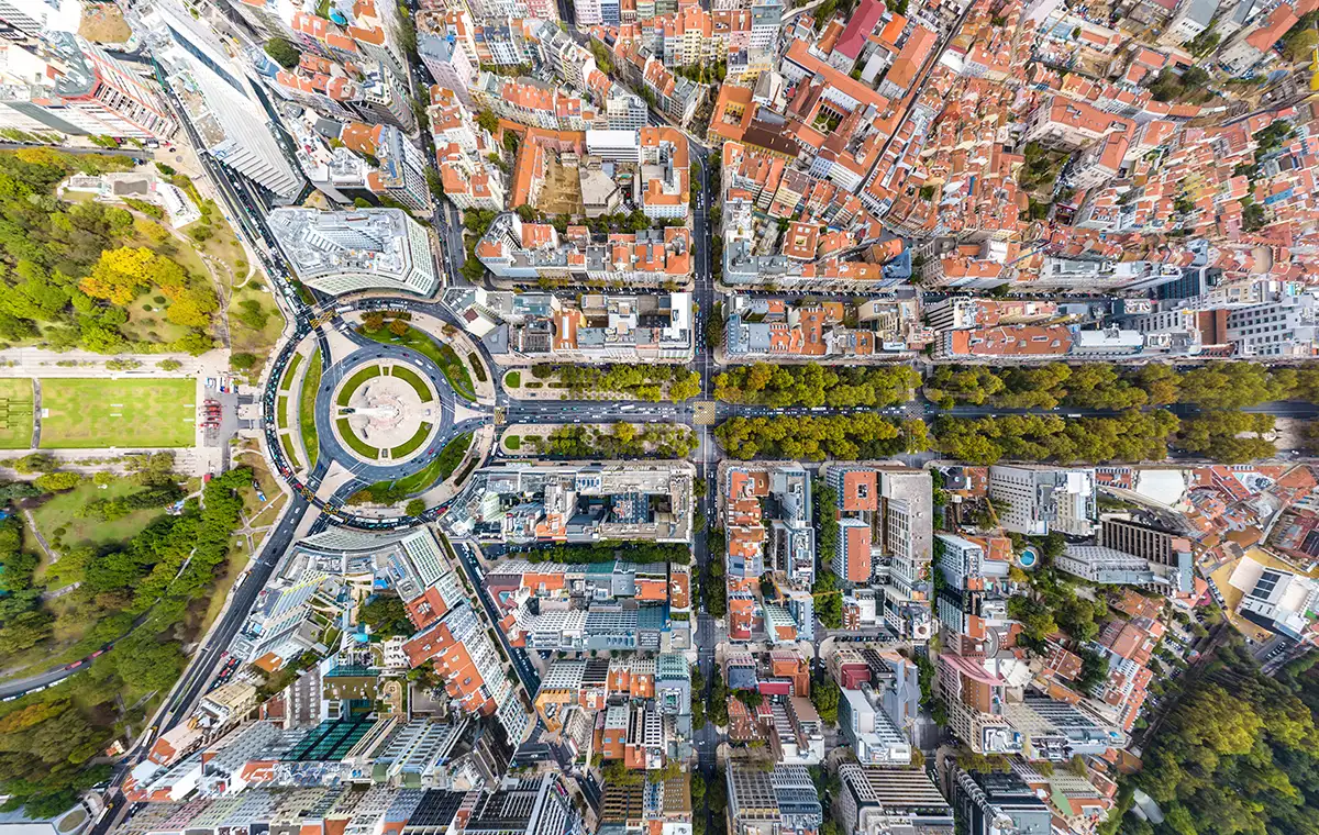 Aerial view at buildings of Avenida da Liberdade area in Lisbon.