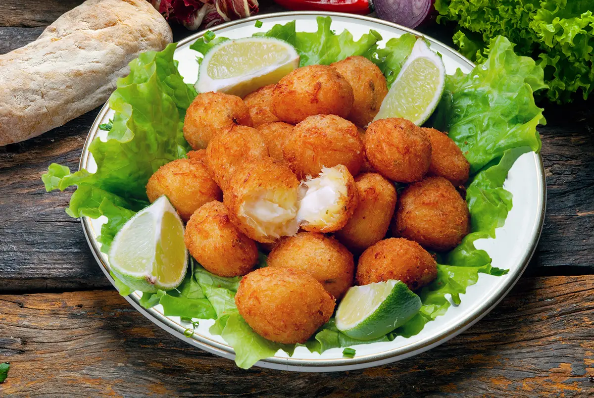 Pasteís de Bacalhau, or codfish cakes, are a typical Portuguese tapa found everywhere throughout the country.