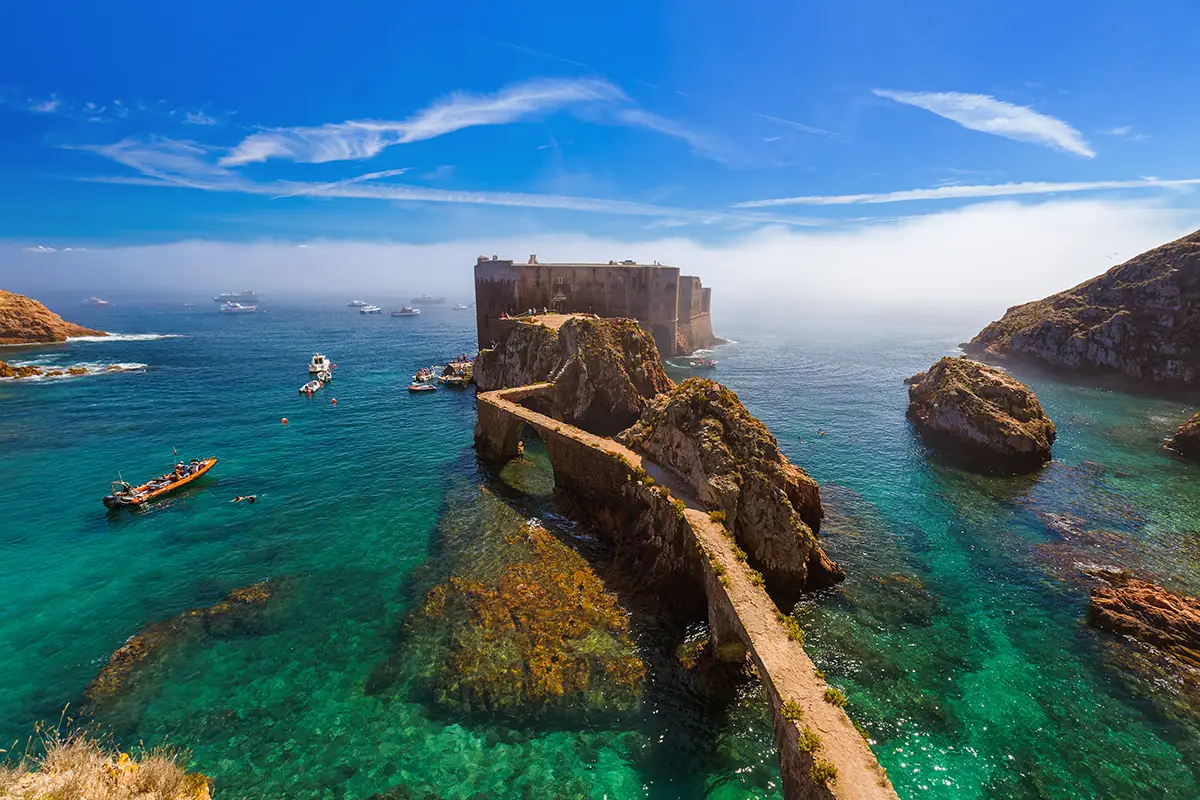 Picture of the Berlengas fort, one of the main attractions off of Peniche's shore, one of the best beach towns in Portugal.