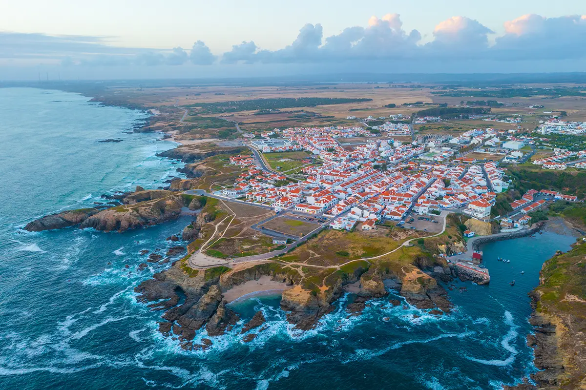 Aerial view of Porto Covo beach town.