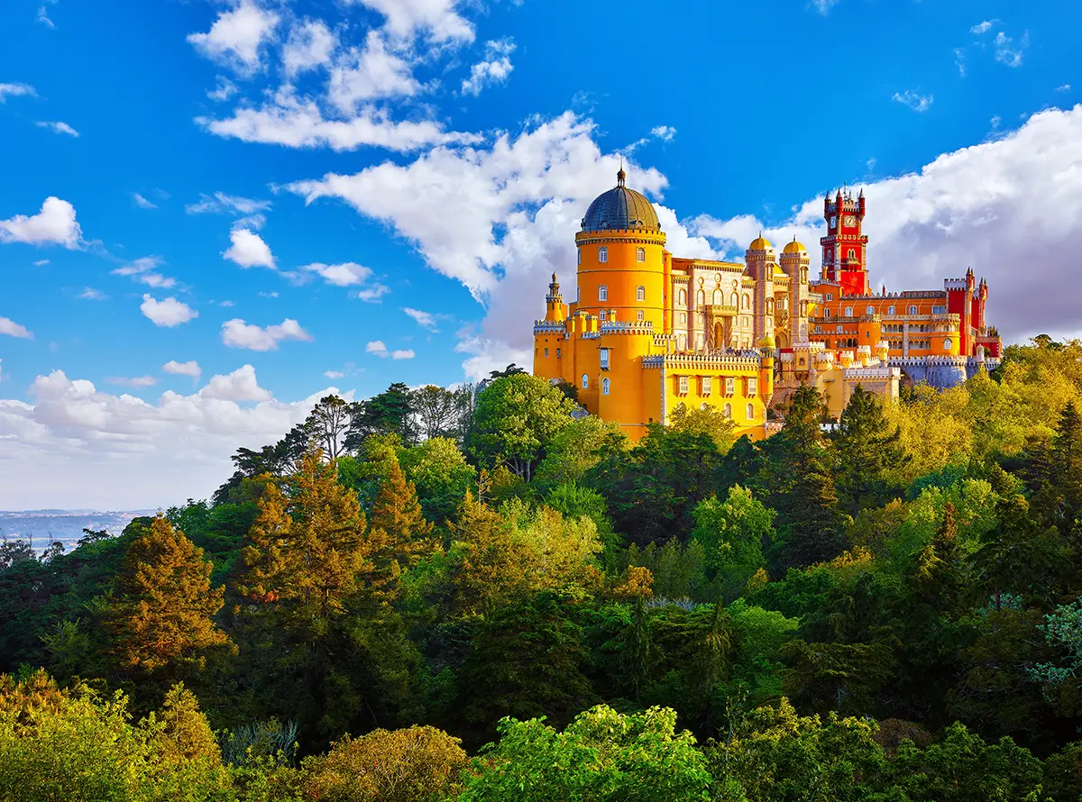 Palace of Pena in Sintra and a bright day with blue sky.