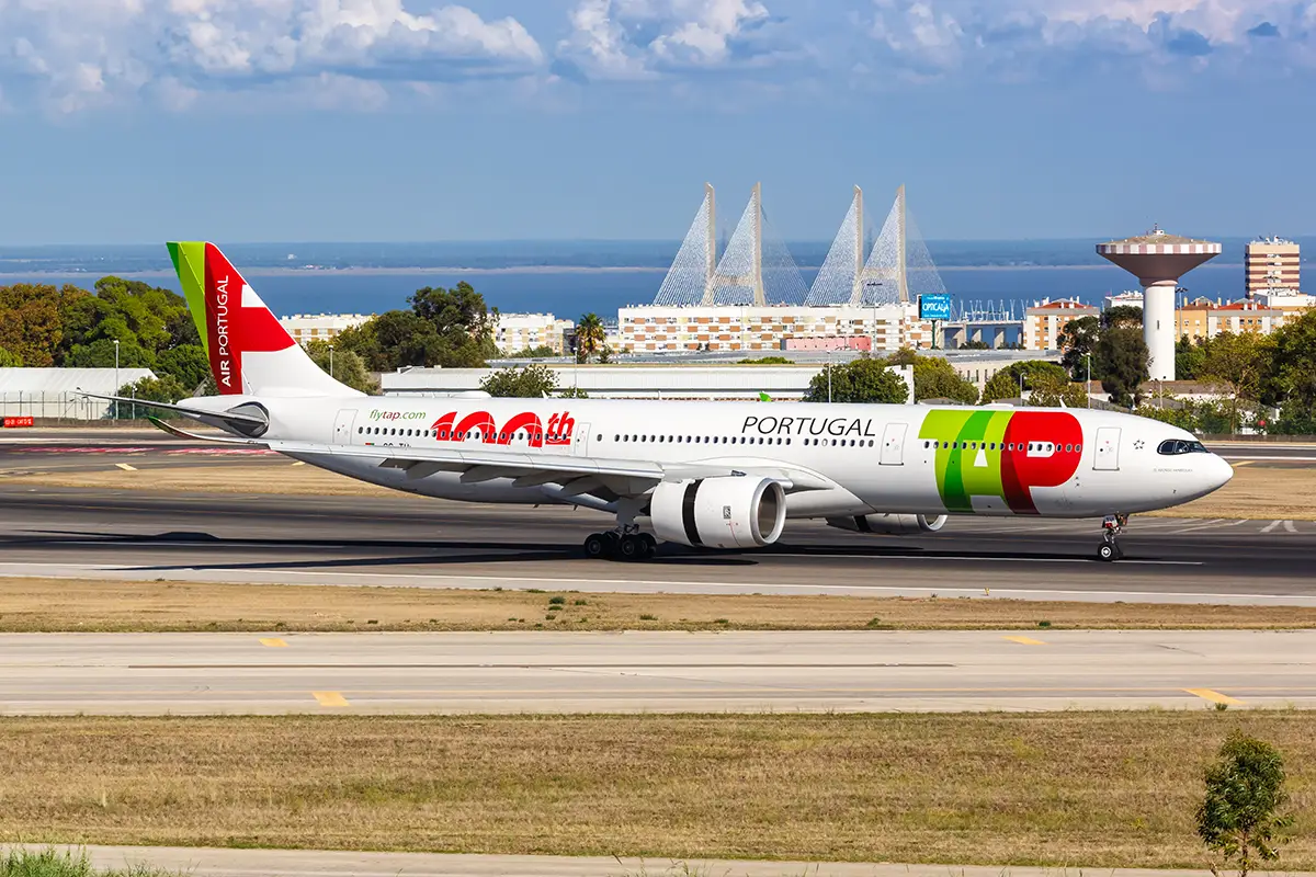 TAP Airplane arrives at Lisbon Airport from the United States.