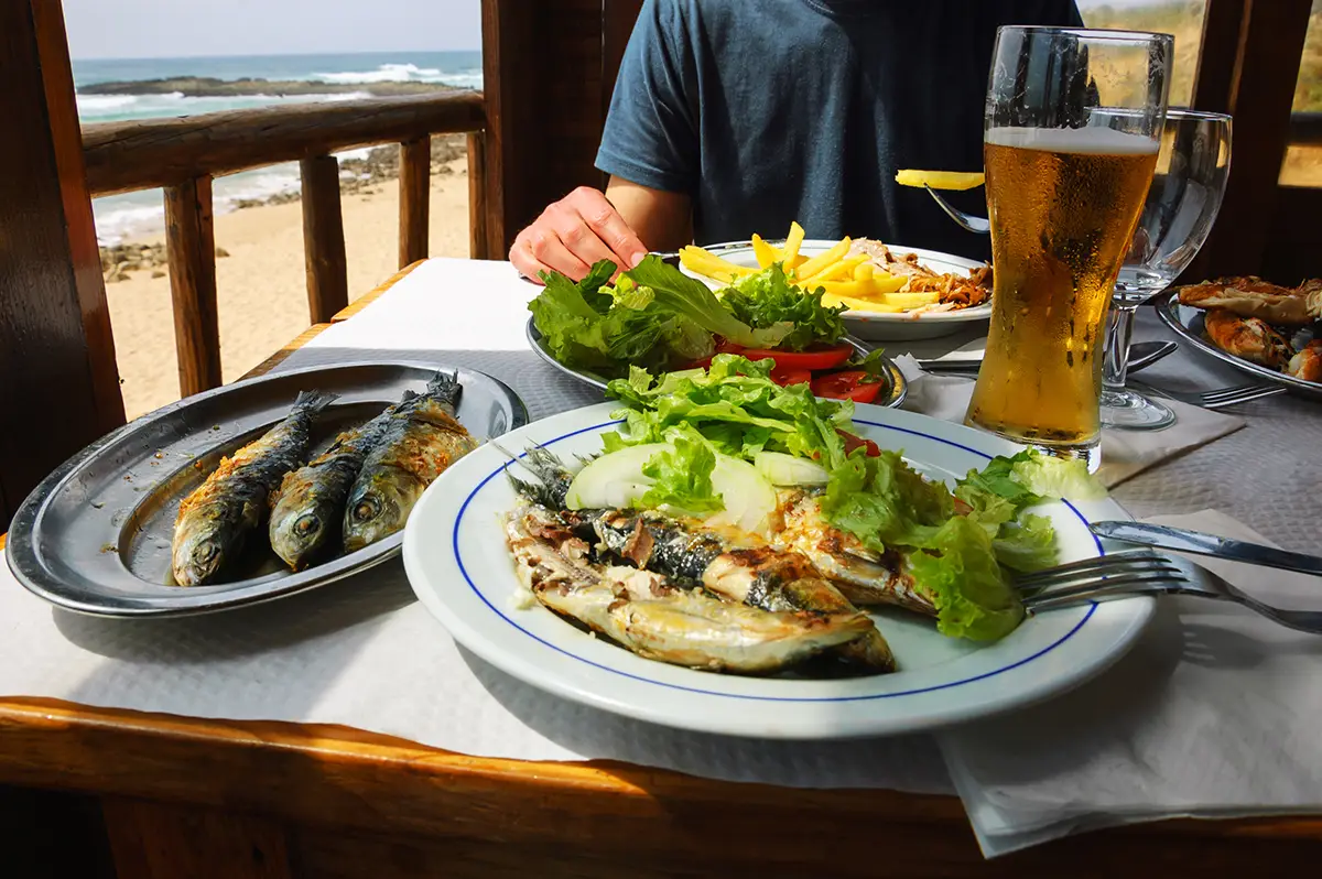 Portuguese fish meal served in a restaurant by the coast.
