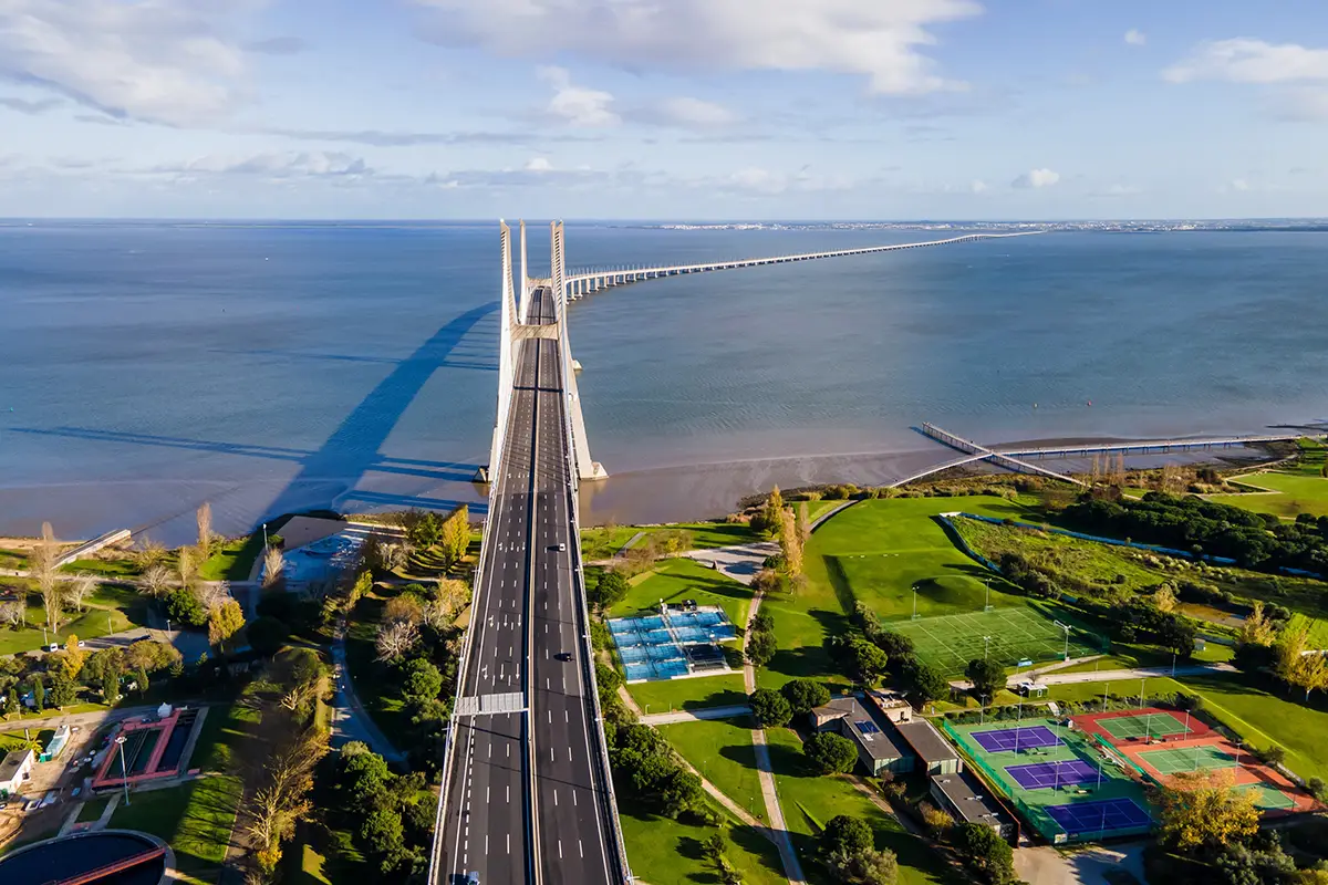 View of the Vasco da Gama bridge spanning the Tagus River.